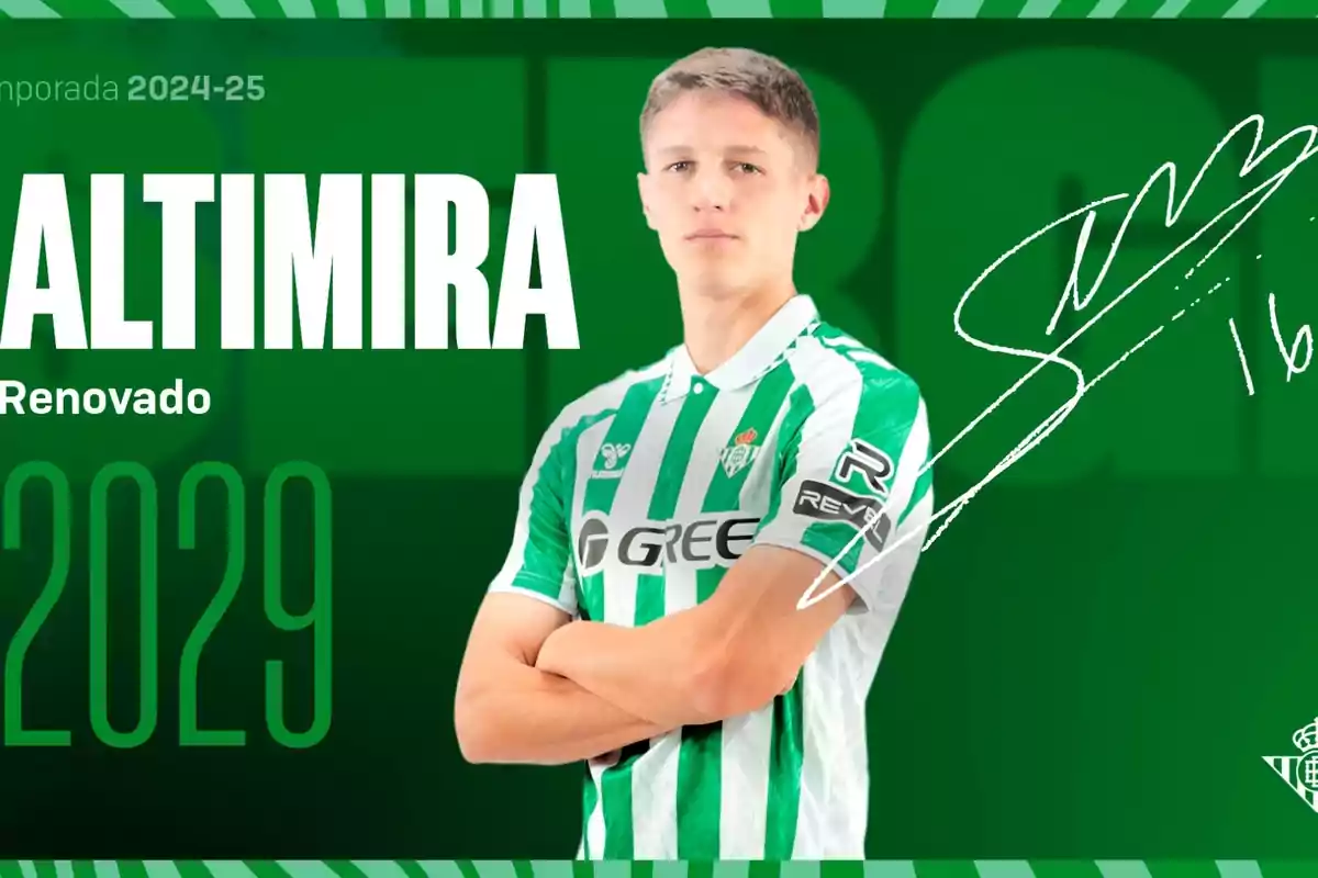 Jugador del Real Betis con los brazos cruzados, vistiendo el uniforme oficial del equipo, junto a un fondo verde con su apellido en grande y el anuncio de su renovación hasta 2029 Jugador del Real Betis con los brazos cruzados, vistiendo el uniforme oficial del equipo, junto a un fondo verde con su apellido en grande y el anuncio de su renovación hasta 2029