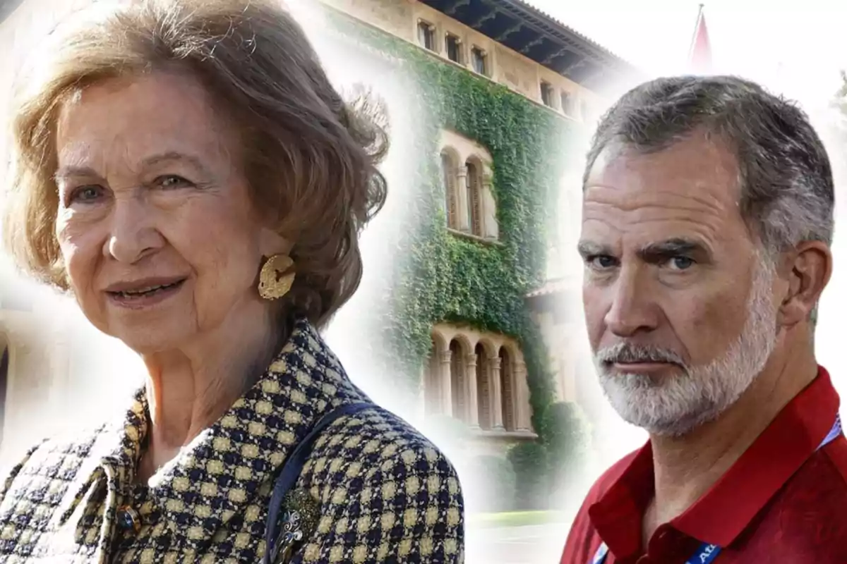 Dos personas mayores en primer plano con un edificio cubierto de hiedra al fondo