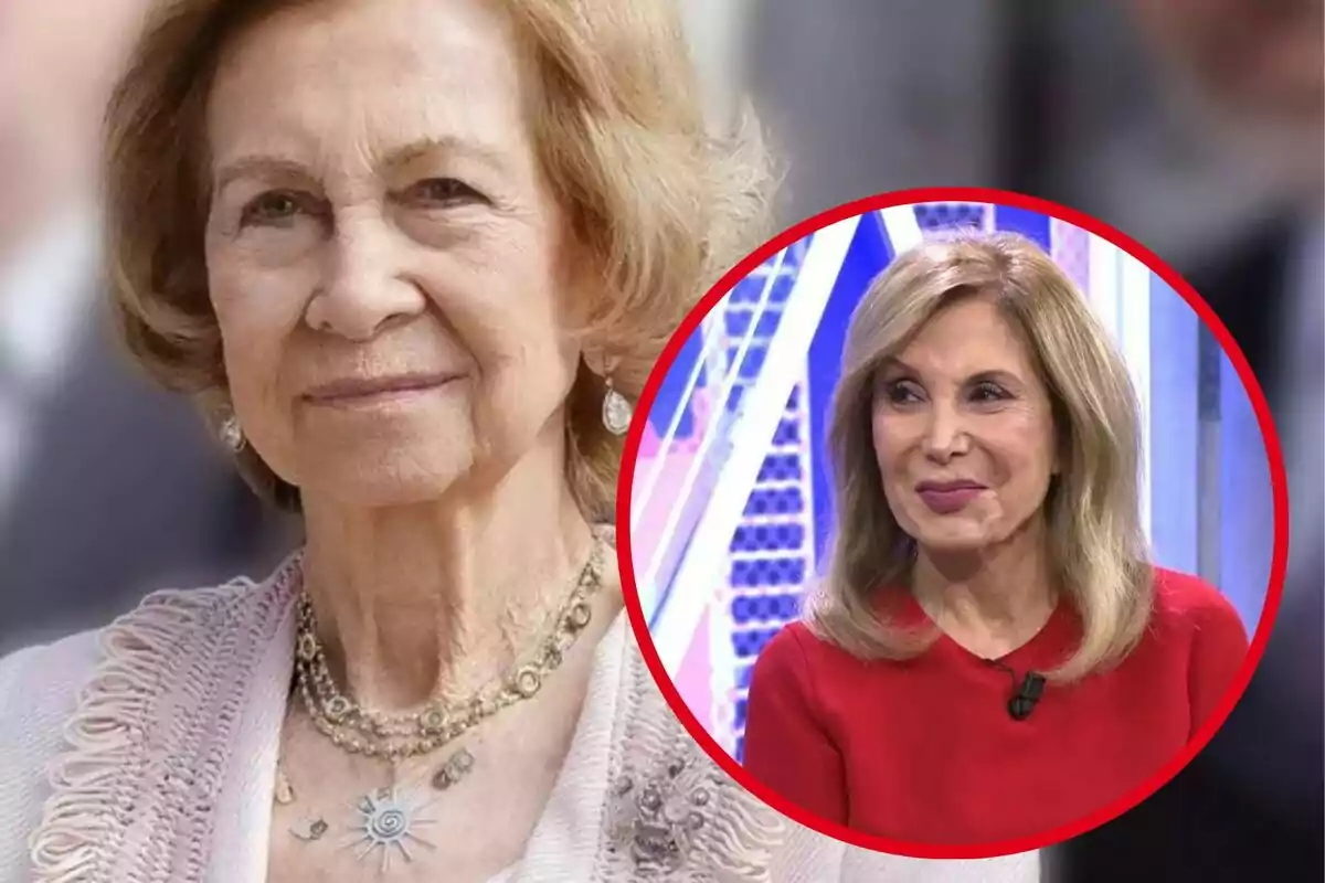 Una dona gran amb cabells rossos i expressió serena porta un collaret de diverses voltes, mentre que en un cercle superposat apareix una altra dona rossa amb vestit vermell i fons d’estudi de televisió.