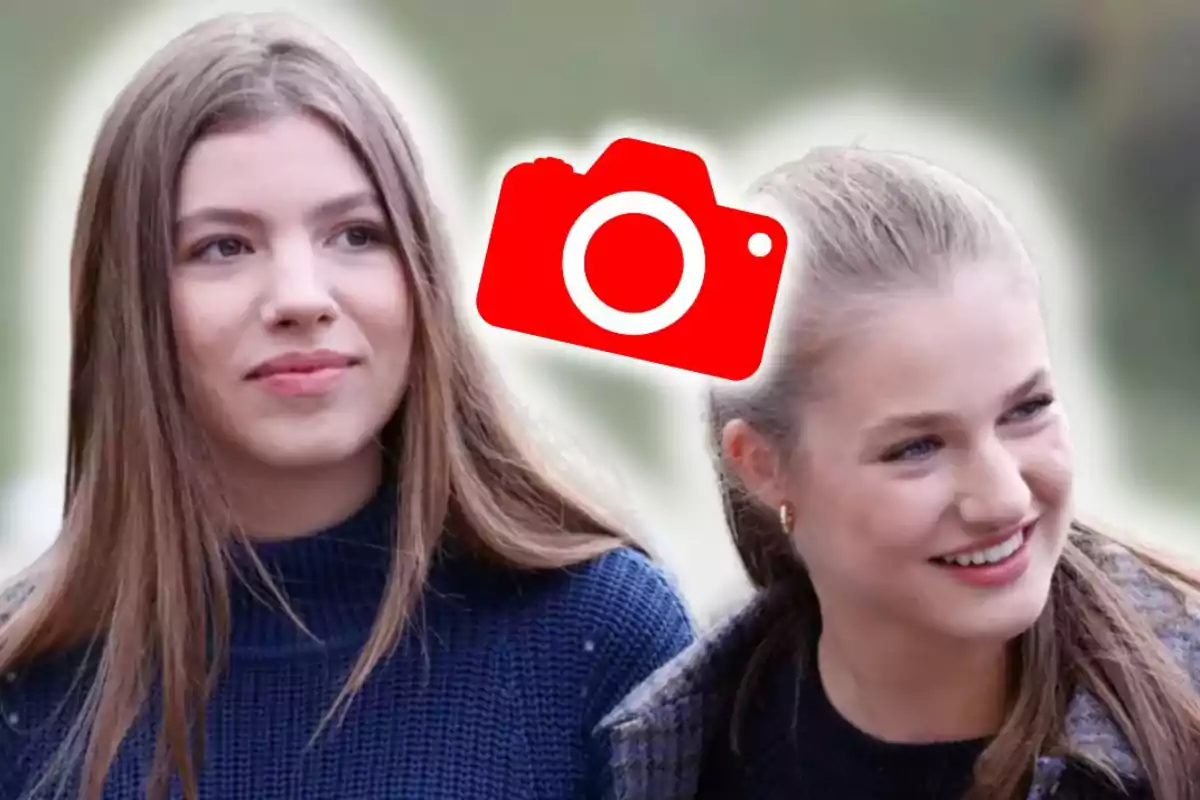 Two young girls smile outdoors with a red camera icon above them Two young girls smile outdoors with a red camera icon above them