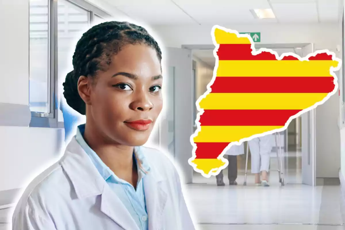 Doctora amb bata blanca en un hospital i un mapa de Catalunya amb la bandera catalana al fons Doctora amb bata blanca en un hospital i un mapa de Catalunya amb la bandera catalana al fons