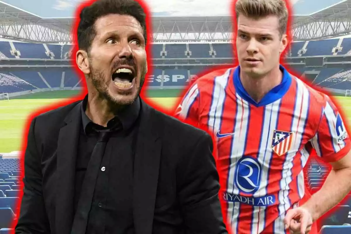 Entrenador de fútbol con expresión intensa junto a un jugador con uniforme del Atlético de Madrid en un estadio vacío