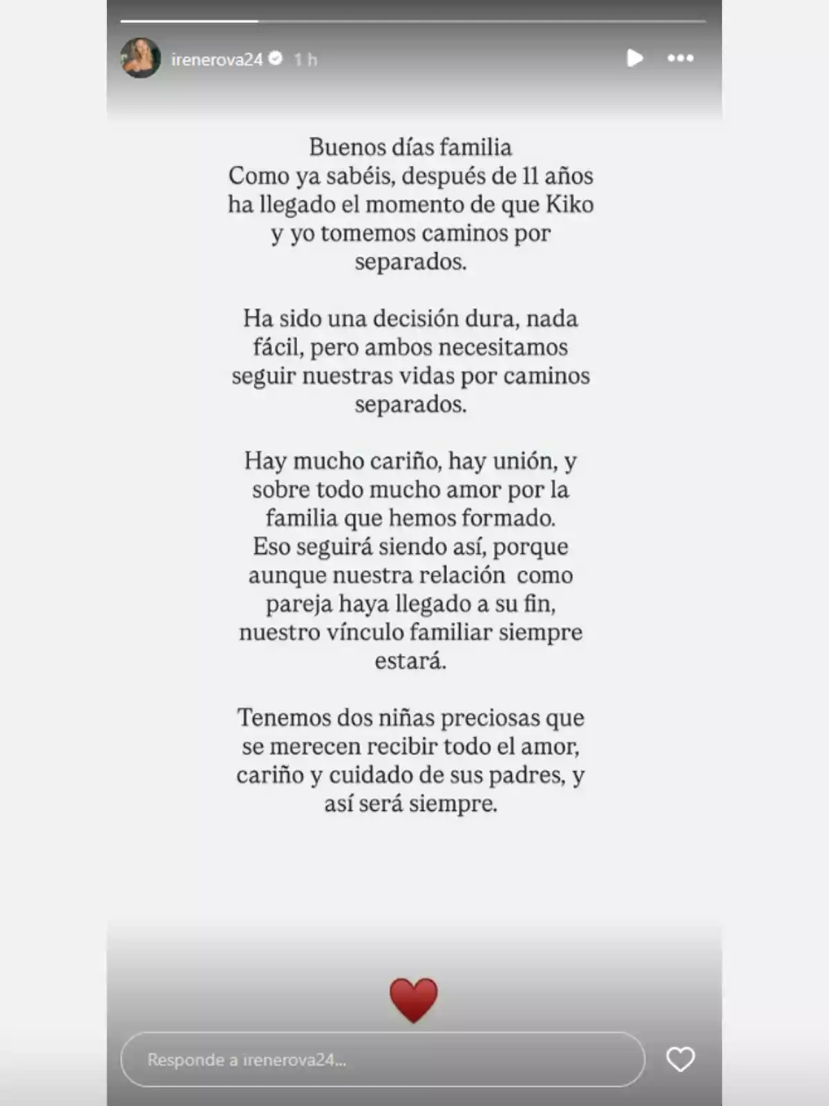Captura de pantalla de una historia de Instagram donde una persona anuncia su separación tras 11 años de relación, explicando que fue una decisión difícil, pero que seguirán unidos por el cariño y el amor hacia sus dos hijas. Captura de pantalla de una historia de Instagram donde una persona anuncia su separación tras 11 años de relación, explicando que fue una decisión difícil, pero que seguirán unidos por el cariño y el amor hacia sus dos hijas.