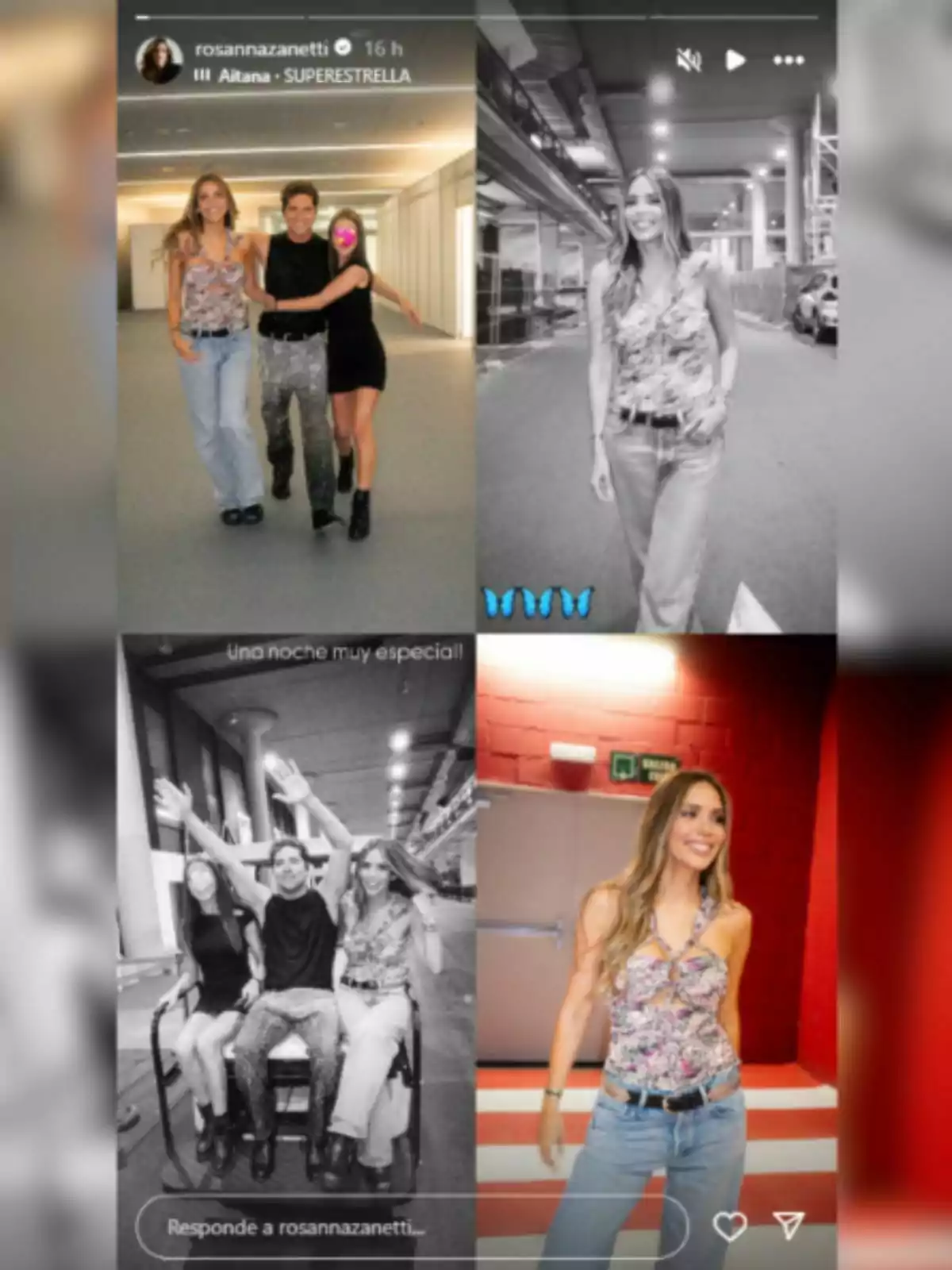 Collage de cuatro fotos mostrando a Rosanna Zanetti, David Bisbal y su hija en diferentes momentos, dos de las imágenes son en blanco y negro y dos a color, una de las mujeres lleva un top estampado y jeans, y todos parecen estar disfrutando juntos en un ambiente informal. Collage de cuatro fotos mostrando a Rosanna Zanetti, David Bisbal y su hija en diferentes momentos, dos de las imágenes son en blanco y negro y dos a color, una de las mujeres lleva un top estampado y jeans, y todos parecen estar disfrutando juntos en un ambiente informal.
