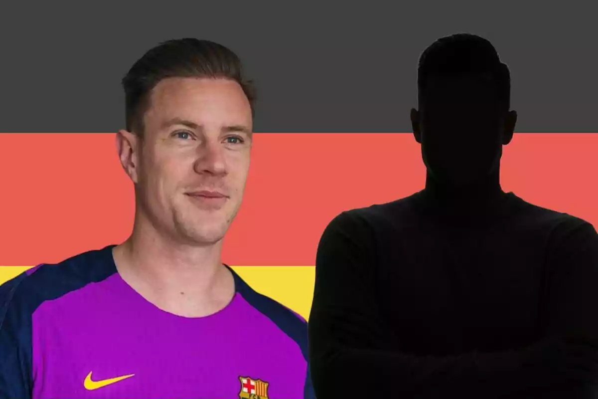 A man wearing a Barcelona jersey and another figure in silhouette in front of a German flag