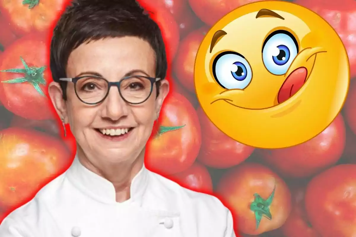 Dona amb ulleres i bata blanca somriu davant d’un fons de tomàquets al costat d’un emoji groc amb expressió divertida