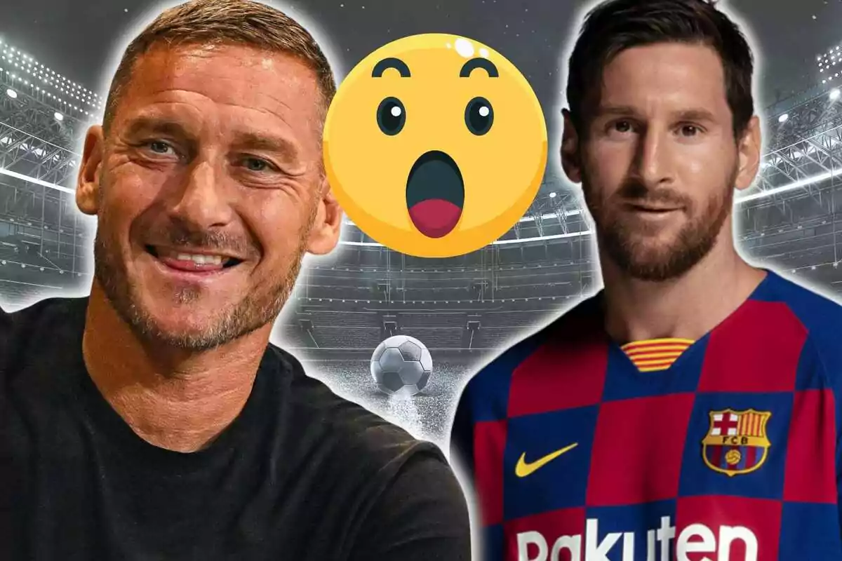 Dos futbolistas sonrientes con un emoji de sorpresa entre ellos y un estadio de fondo