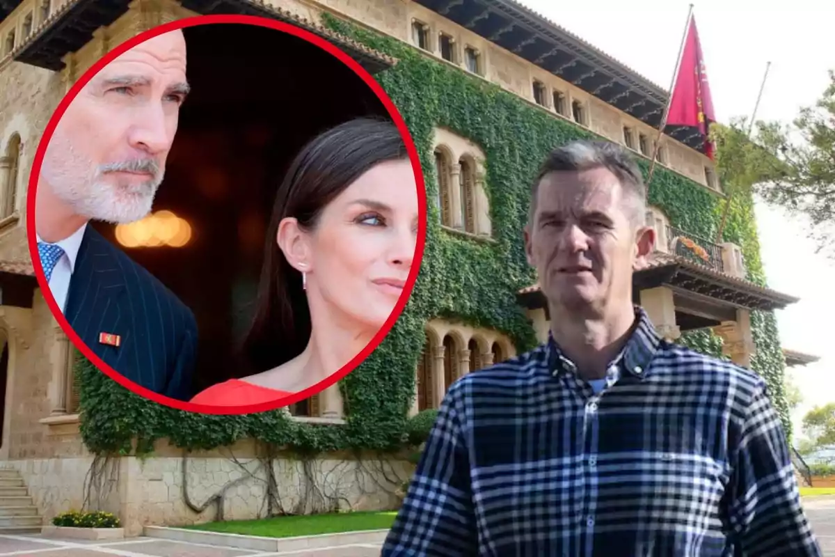 Un hombre de camisa a cuadros está de pie frente a un edificio cubierto de enredaderas y una bandera roja, mientras en un círculo rojo se muestra el rostro de un hombre de barba canosa y una mujer de cabello oscuro.