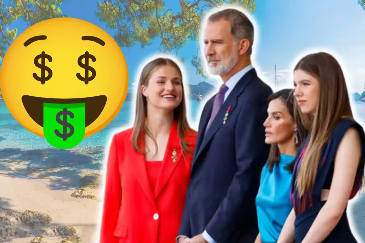 Una familia elegante posa frente a un paisaje de playa con un emoji grande de cara sonriente y signos de dólar en los ojos y la lengua