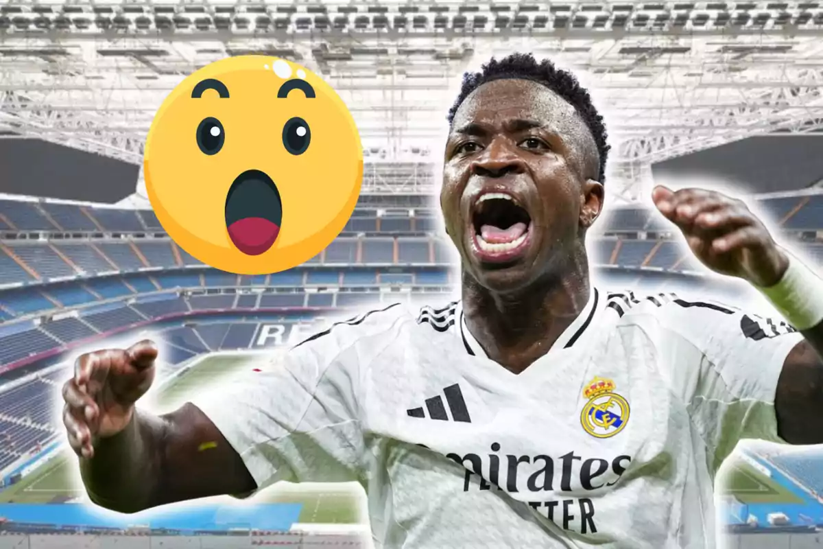 Futbolista del Reial Madrid celebrant amb una expressió d’emoció en un estadi buit i un emoji de sorpresa al fons