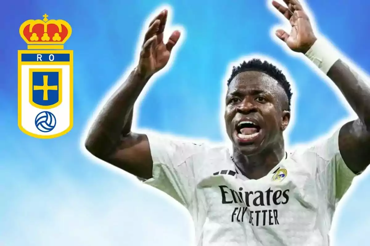 Soccer player celebrating with the Real Oviedo crest on the left against a blue background