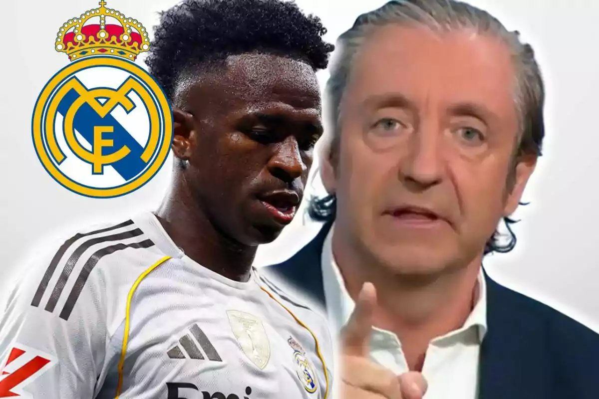Real Madrid player with a serious expression next to the club’s crest and a man pointing forward