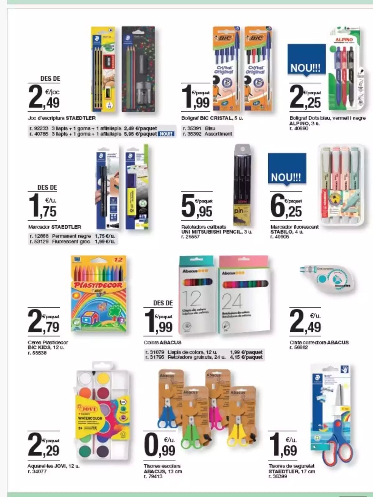 Pàgina de catàleg de material escolar amb imatges i preus de bolígrafs, llapis, retoladors, ceres de colors, aquarel·les, tisores i cinta correctora de diferents marques com Staedtler, Bic, Alpino, Abacus i Jovi, tots organitzats en files i columnes sobre fons blanc. Pàgina de catàleg de material escolar amb imatges i preus de bolígrafs, llapis, retoladors, ceres de colors, aquarel·les, tisores i cinta correctora de diferents marques com Staedtler, Bic, Alpino, Abacus i Jovi, tots organitzats en files i columnes sobre fons blanc.