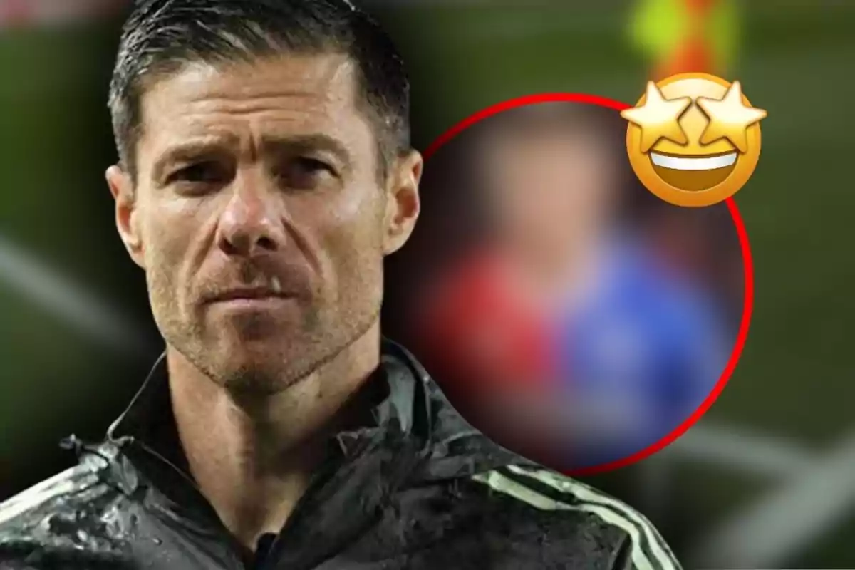 Hombre de cabello corto con expresión seria en primer plano y un círculo desenfocado con un emoji de estrellas en los ojos al fondo