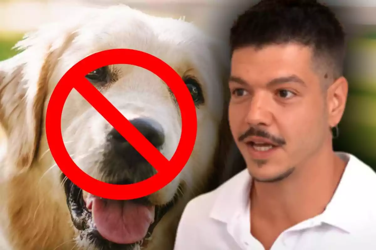 Home parlant al costat de la imatge d’un gos amb un símbol de prohibit de color vermell sobre el gos