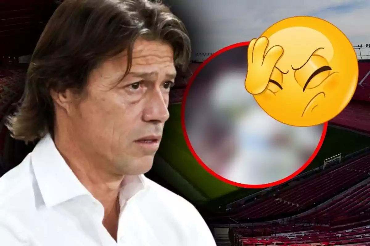 Hombre de cabello largo y camisa blanca con expresión seria en un estadio de fútbol, junto a un emoji de frustración.