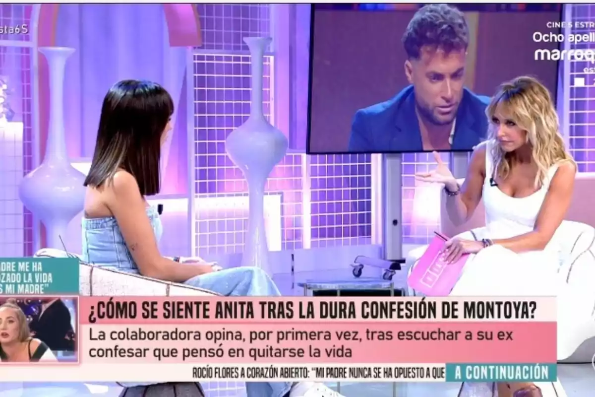 Emma García, amb un vestit blanc, entrevista Anita Williams, d’esquena, al plató de ‘Fiesta’. Emma García, amb un vestit blanc, entrevista Anita Williams, d’esquena, al plató de ‘Fiesta’.