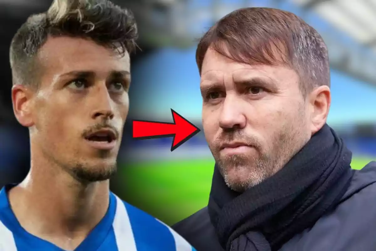 Un futbolista con uniforme azul y blanco a la izquierda y un hombre con bufanda oscura a la derecha con una flecha roja apuntando del jugador hacia el hombre