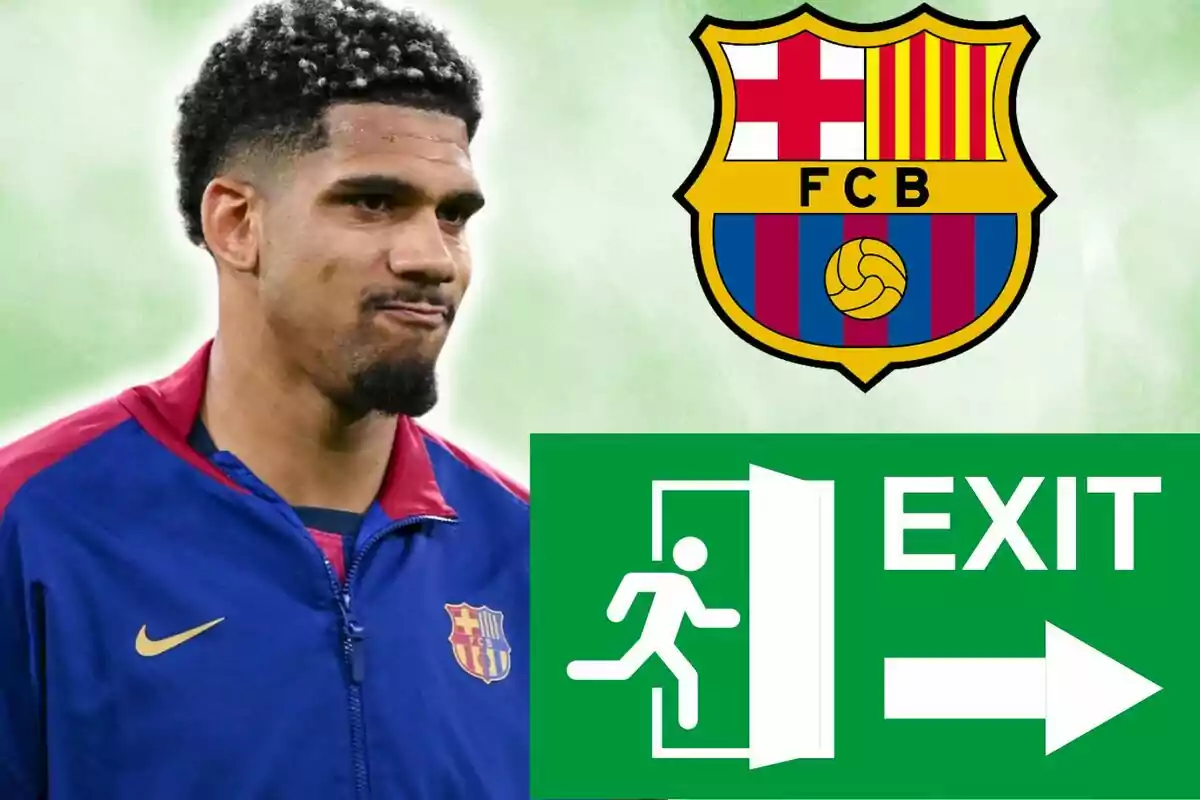 A Barcelona player with a serious expression next to the club’s crest and an exit sign suggesting a possible farewell