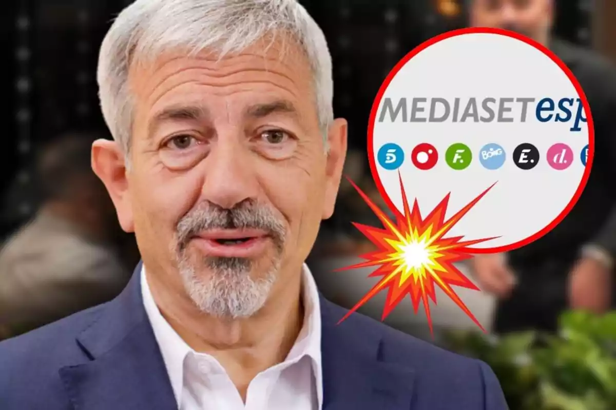Hombre de cabello canoso y barba con expresión seria, al fondo aparece un círculo con el logo de Mediaset España y varios iconos de canales de televisión, resaltado con un efecto de explosión amarilla y roja