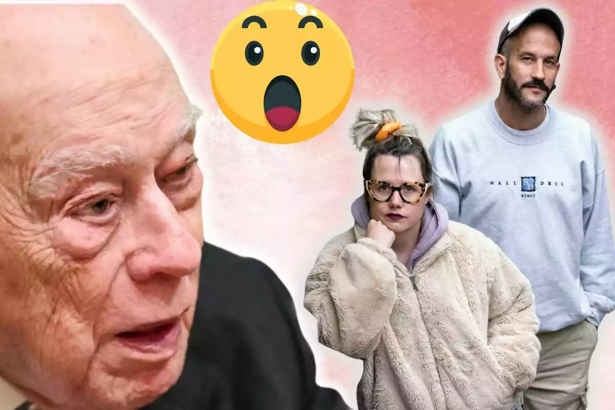 Un home gran en primer pla amb expressió seriosa, al fons una dona amb ulleres i un home amb gorra, tots dos amb posat seriós, i un emoji de sorpresa sobre un fons rosat.