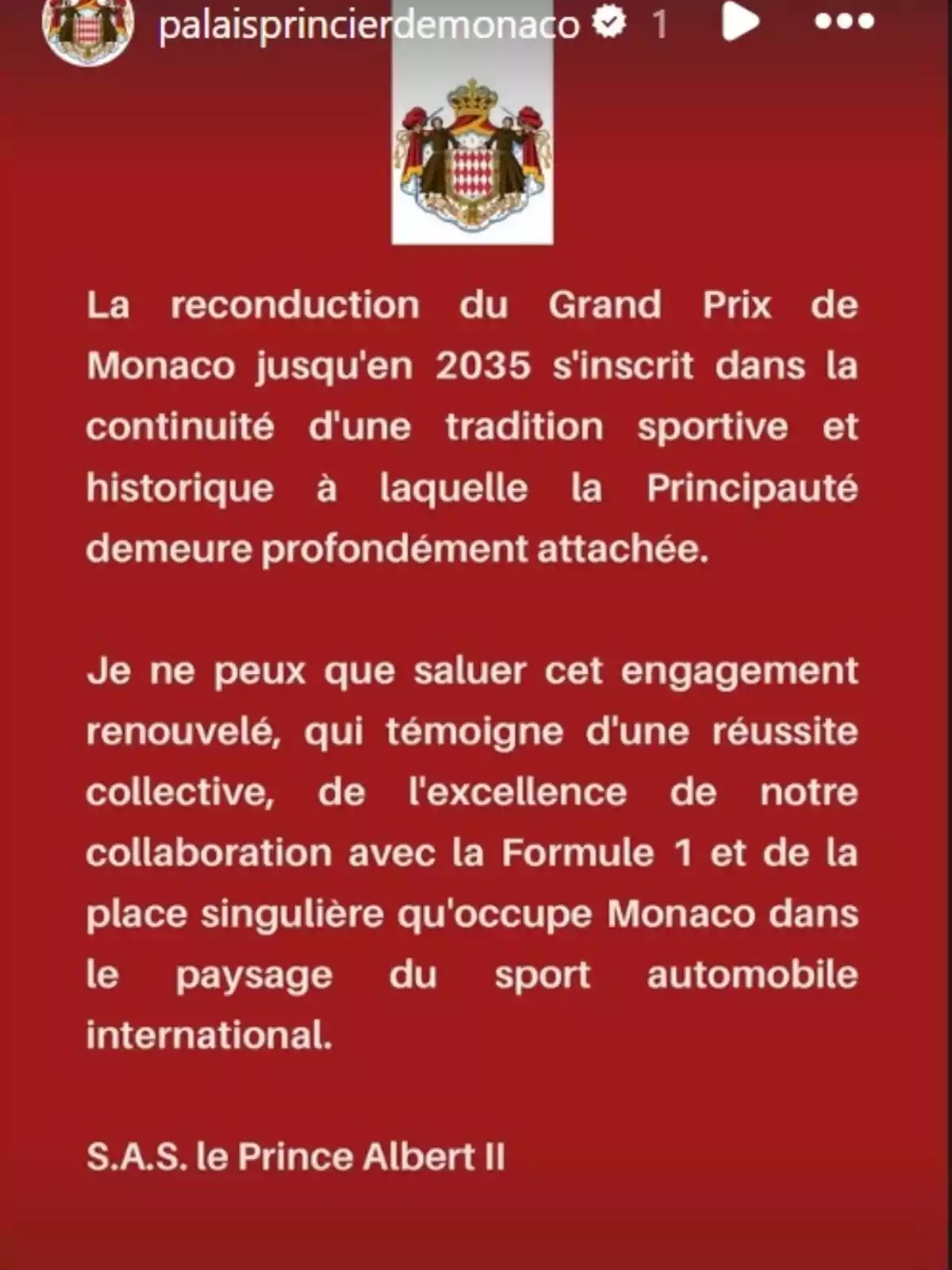 Comunicado, amb fons vermell, del príncep Albert sobre la renovació del Gran Premi de Mònaco, de Fórmula 1 Comunicado, amb fons vermell, del príncep Albert sobre la renovació del Gran Premi de Mònaco, de Fórmula 1