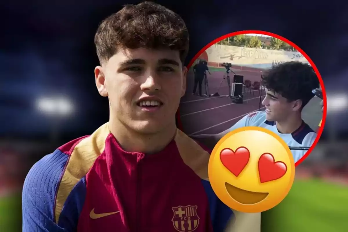 Jove futbolista amb l’uniforme del Barcelona en primer pla i un requadre amb la seva imatge en una pista d’atletisme acompanyat d’un emoji de cara somrient amb ulls de cor