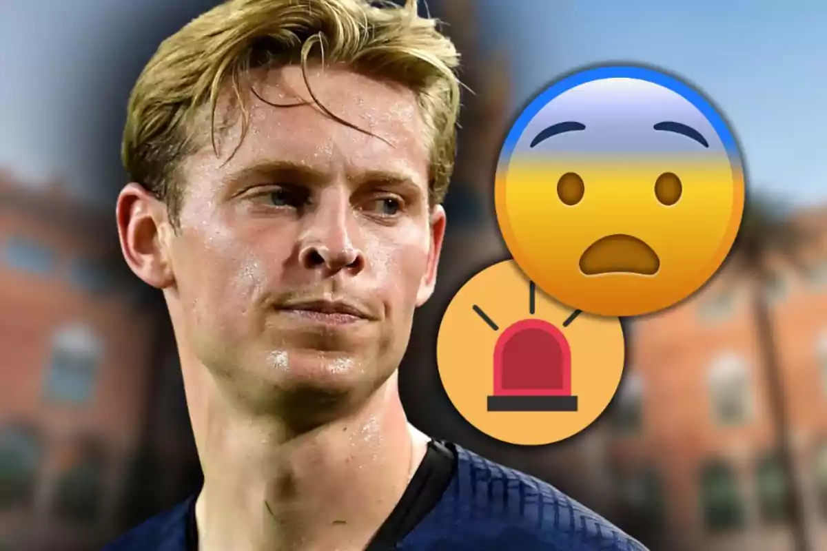 Un hombre rubio con expresión seria y dos emojis grandes de alerta y preocupación sobre un fondo desenfocado.