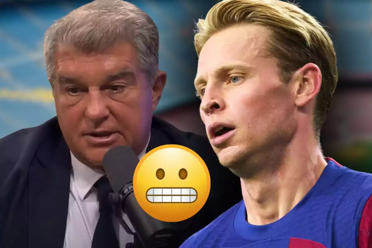 Un home amb vestit parlant davant d’un micròfon al costat d’un jugador de futbol amb una expressió seriosa i un emoji de cara nerviosa al centre.