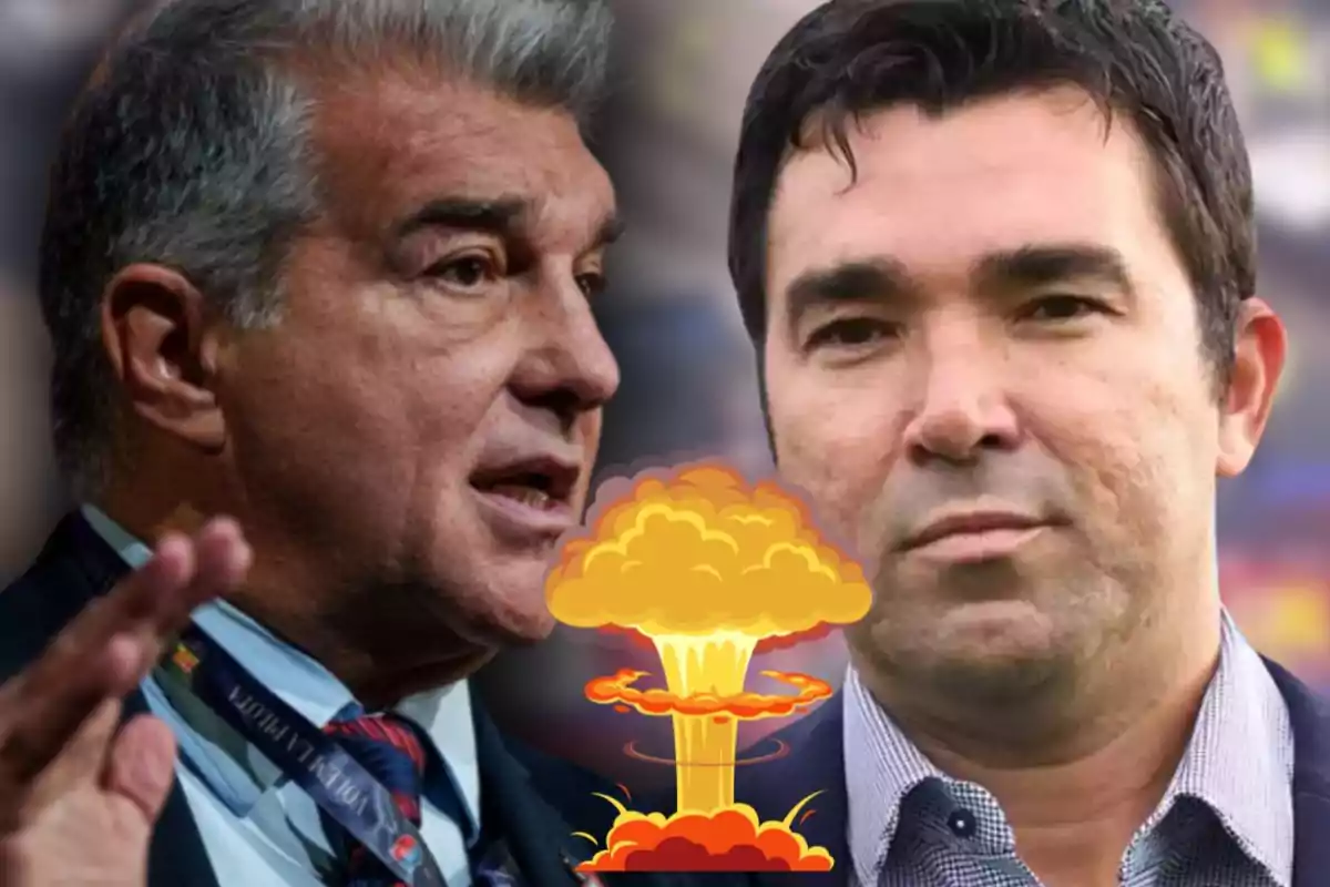 Dos homes amb vestit mirant-se amb una il·lustració d’explosió nuclear entre ells