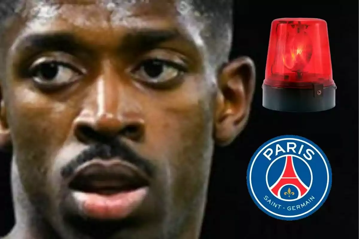 Primer pla del rostre d’un futbolista amb una sirena vermella i l’escut del PSG sobre un fons negre