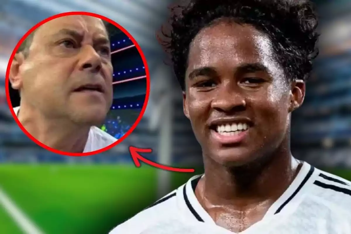A young player smiles in the foreground while, in the background, the serious face of a man is shown inside a red circle with an arrow pointing at him in a soccer stadium.