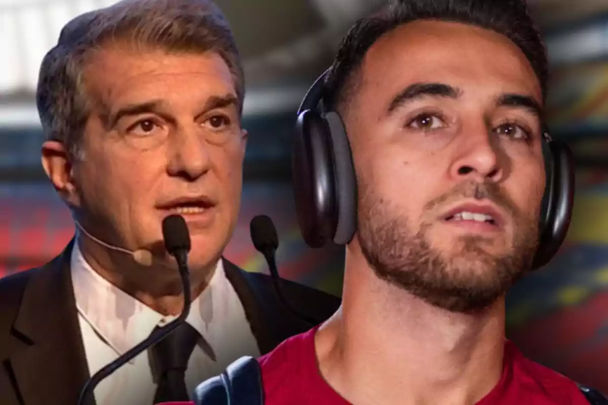 A man in a suit speaking in front of microphones and another man with large headphones and a red t-jersey looking ahead