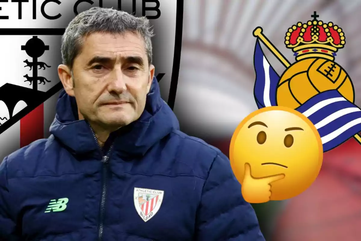 Entrenador de l’Athletic Club amb posat seriós davant dels escuts de l’Athletic i la Reial Societat al costat d’un emoji pensatiu