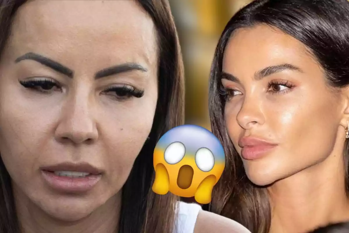 Dos mujeres con rostros contrastantes y un emoji de sorpresa en el centro
