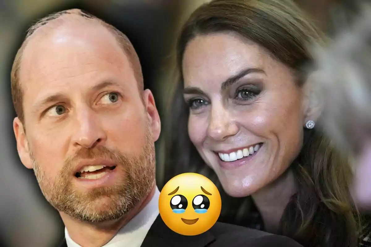 Un home amb barba i una dona somrient apareixen junts en primer pla amb un emoji de carona amb ulls brillants i llàgrimes al centre de la imatge.