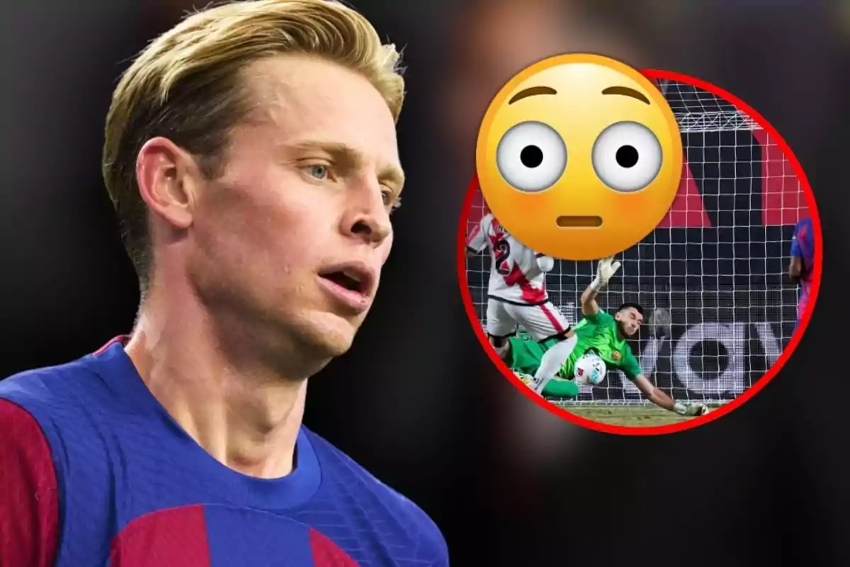 Jugador de futbol amb expressió seriosa i un cercle amb una jugada de gol i un emoji sorprès superposat