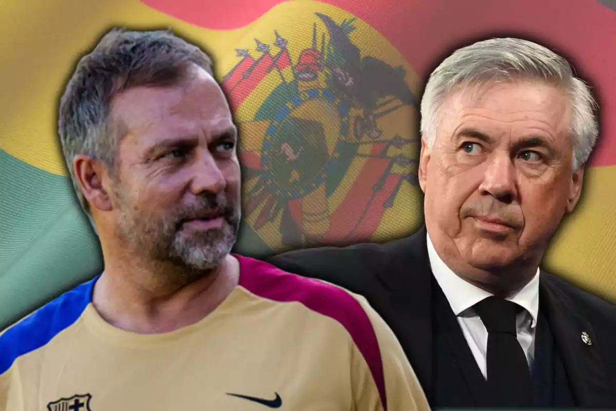 Hansi Flick i Carlo Ancelotti amb la bandera de Bolívia de fons