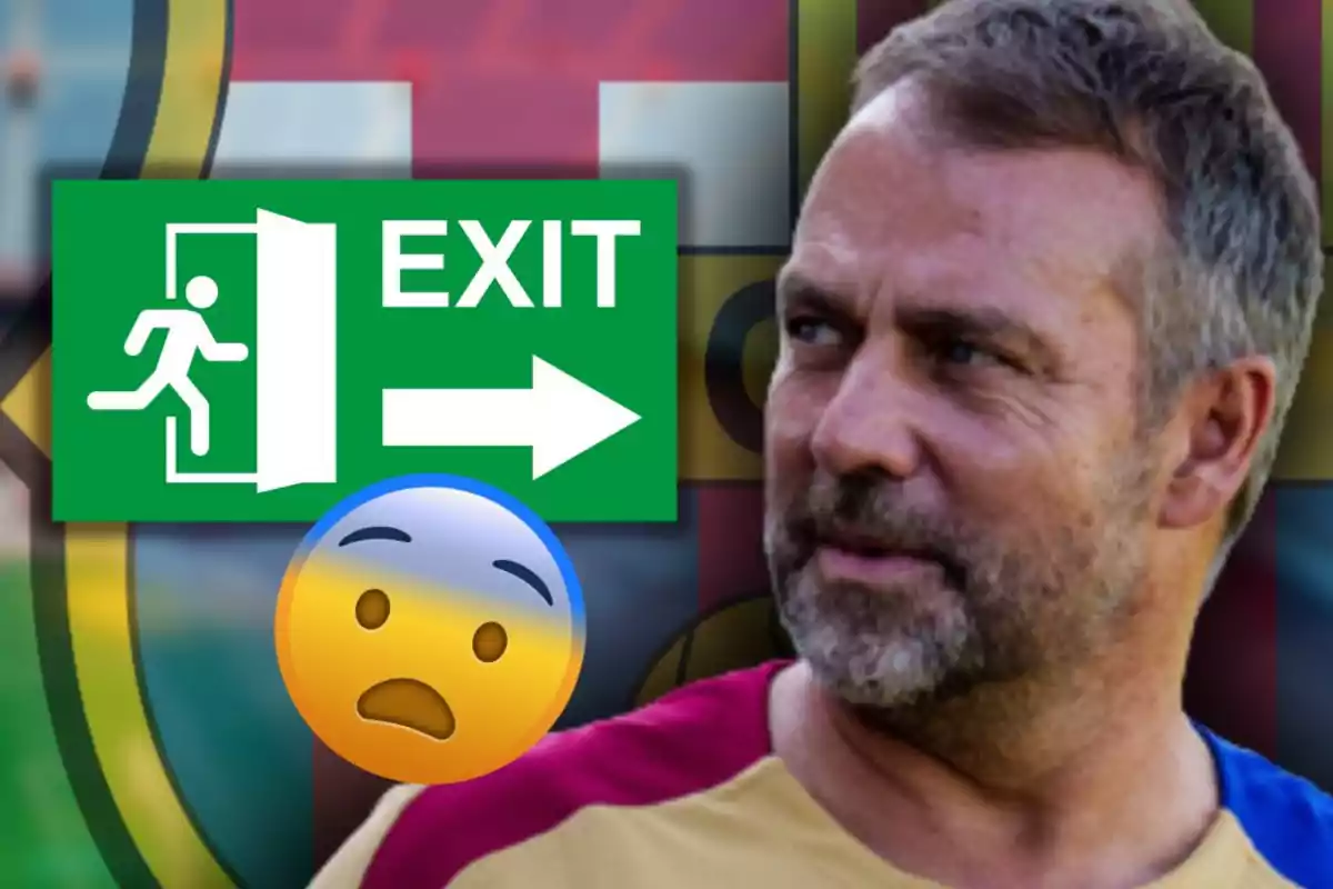 Man in a sports jersey looks to the side while a "Exit" sign and a worried emoji appear in the background.