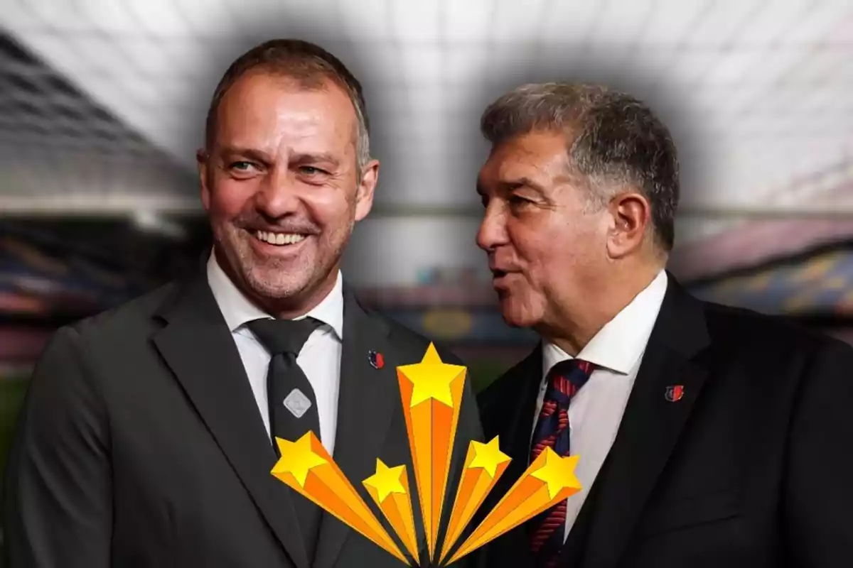 Two men in suits smile and talk at a soccer stadium with a graphic of yellow stars in the foreground.