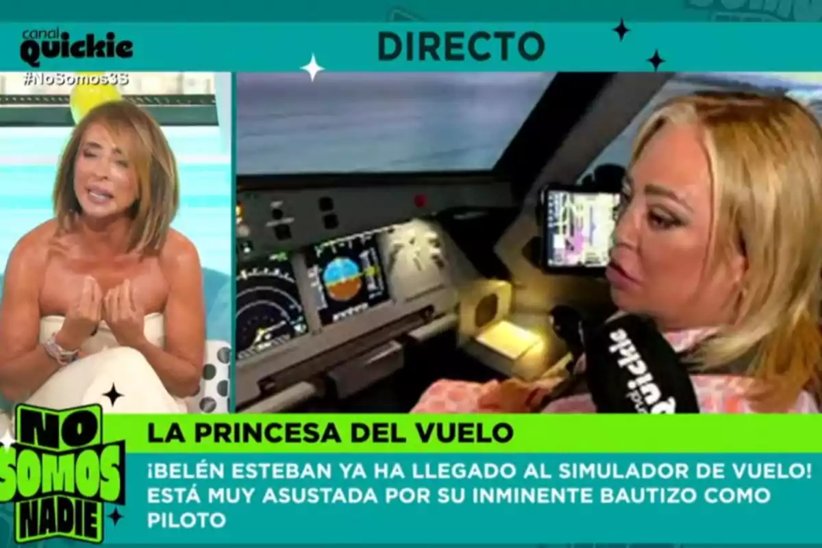 Dues dones participen en un programa de televisió en què una d’elles està asseguda en un estudi i l’altra es troba a la cabina d’un simulador de vol, sostenint un micròfon, amb un rètol que diu la princesa del vol i un missatge sobre la seva por a pilotar. Dues dones participen en un programa de televisió en què una d’elles està asseguda en un estudi i l’altra es troba a la cabina d’un simulador de vol, sostenint un micròfon, amb un rètol que diu la princesa del vol i un missatge sobre la seva por a pilotar.