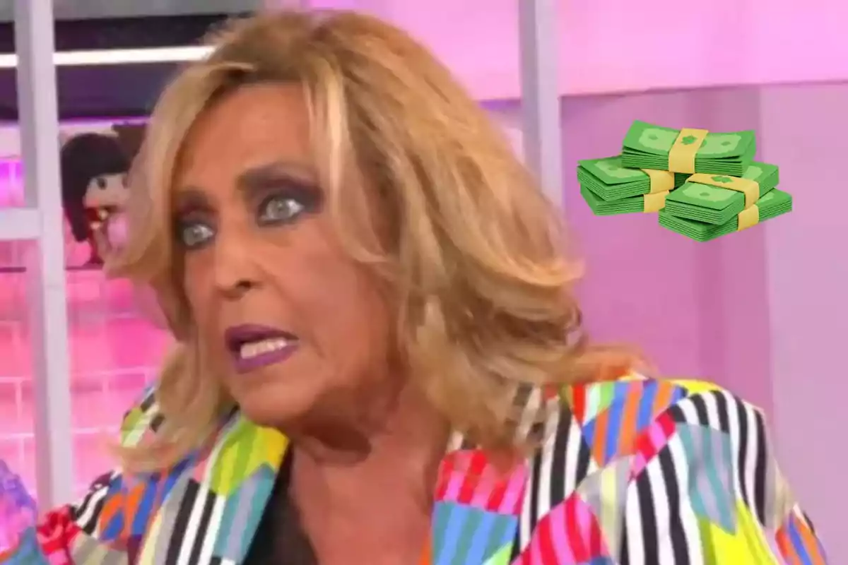 Dona rossa amb expressió sorpresa en un plató de televisió colorit i un dibuix de feixos de bitllets verds al fons