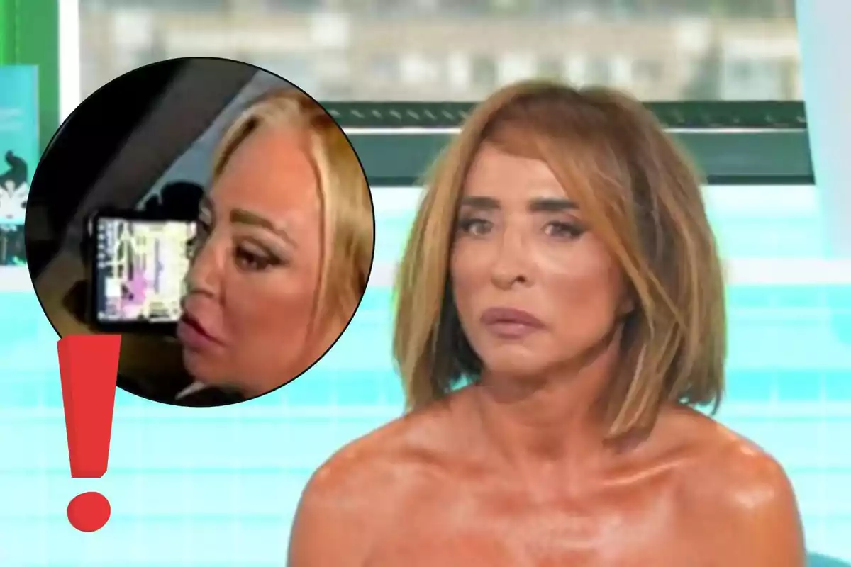 Dona de cabell castany clar amb expressió seriosa en un plató de televisió i un cercle ampliat mostrant una altra dona rossa amb maquillatge marcat al costat d’un signe d’exclamació vermell