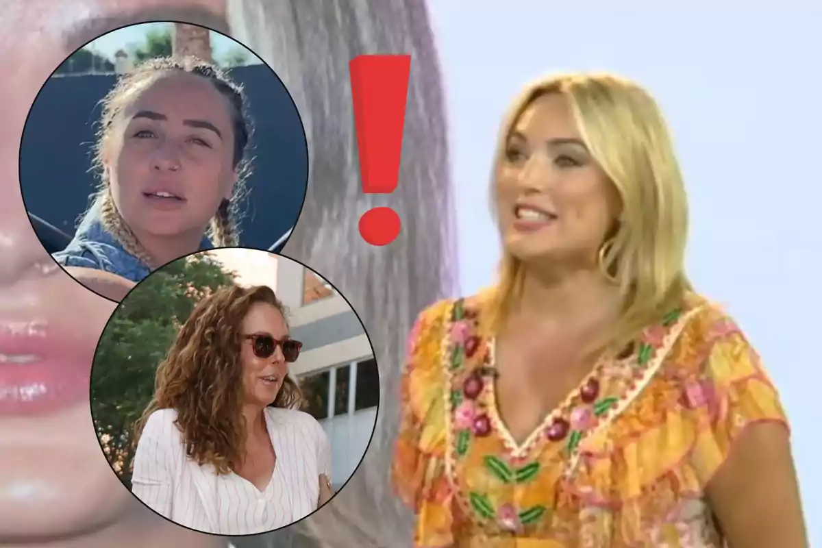 Montaje con Marta Riesco rubia sonriendo en primer plano, dos círculos con retratos de Rocío Flores y Rocío Carrasco y un signo de exclamación rojo en el centro