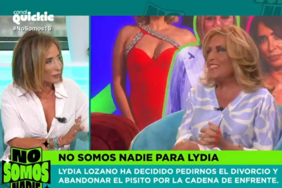 Dues dones conversen en un programa de televisió amb un fons acolorit i un rètol verd que diu No som ningú per a Lydia, acompanyat d’un text sobre Lydia Lozano i la seva decisió de deixar el programa. Dues dones conversen en un programa de televisió amb un fons acolorit i un rètol verd que diu No som ningú per a Lydia, acompanyat d’un text sobre Lydia Lozano i la seva decisió de deixar el programa.