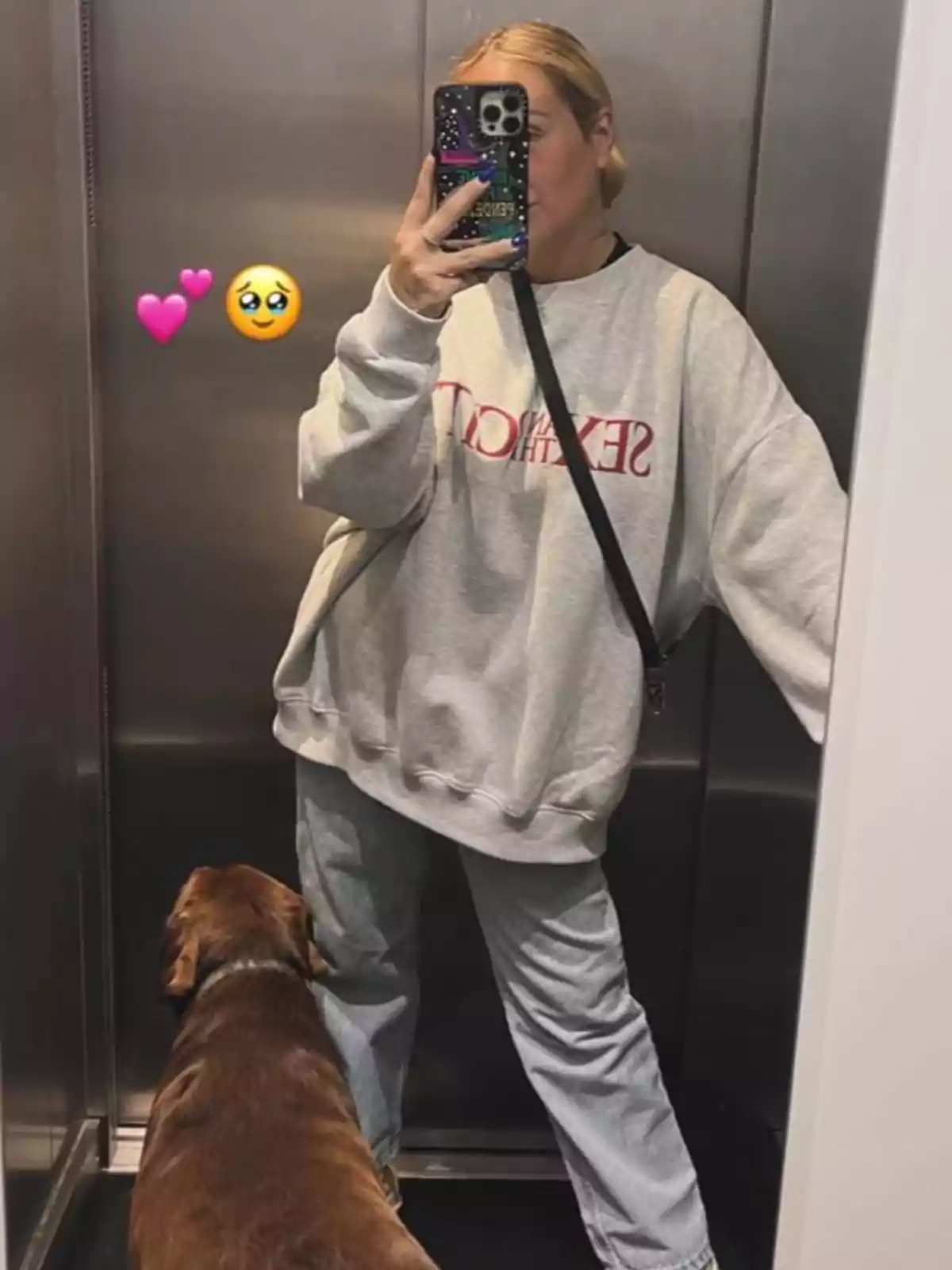 Persona fent-se una selfie en un ascensor amb un gos marró mentre porta un jersei gris i pantalons clars, amb emojis de cors i una carona tendra a la imatge. Persona fent-se una selfie en un ascensor amb un gos marró mentre porta un jersei gris i pantalons clars, amb emojis de cors i una carona tendra a la imatge.
