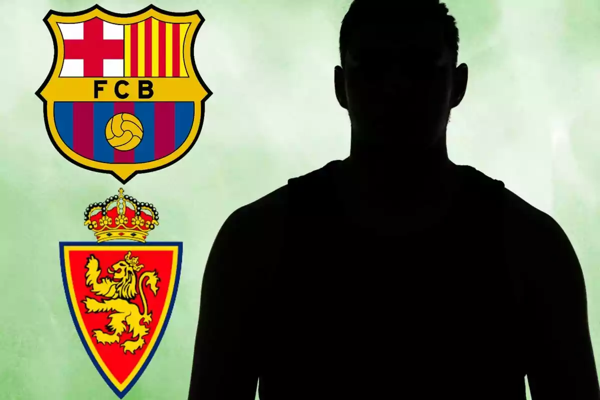 Silueta de una persona frente a los escudos del FC Barcelona y el Real Zaragoza sobre un fondo verde.