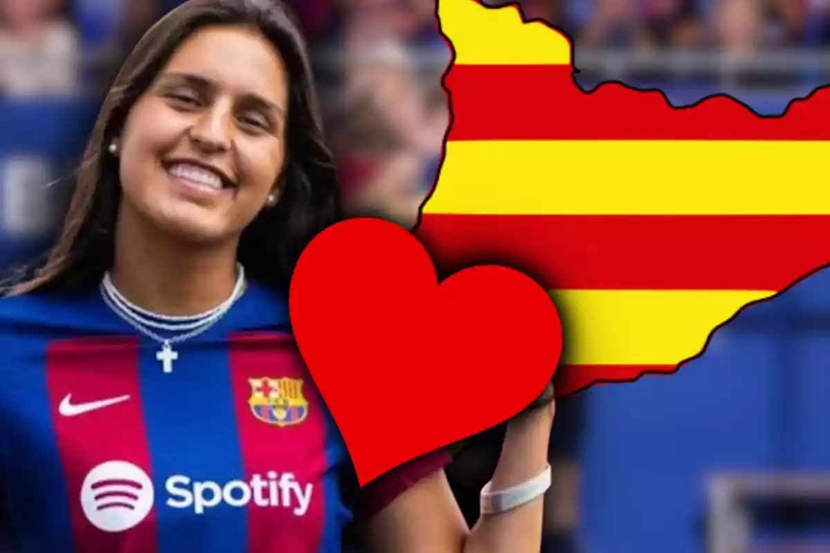 Jove somrient amb samarreta del Barcelona, un cor vermell i la silueta de Catalunya amb franges grogues i vermelles al fons