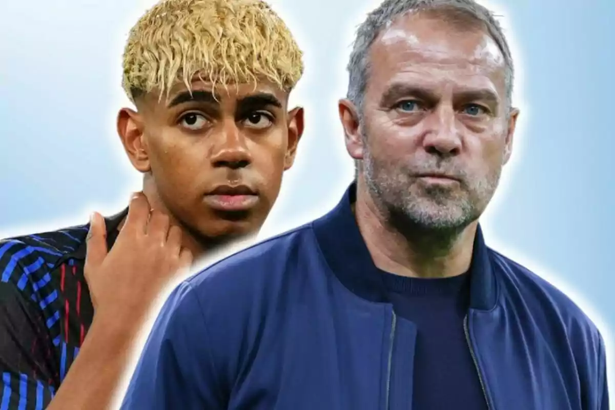 Two men appear in the foreground with a blurred blue background; one is young with curly blond hair and the other is older with a beard and short gray hair.