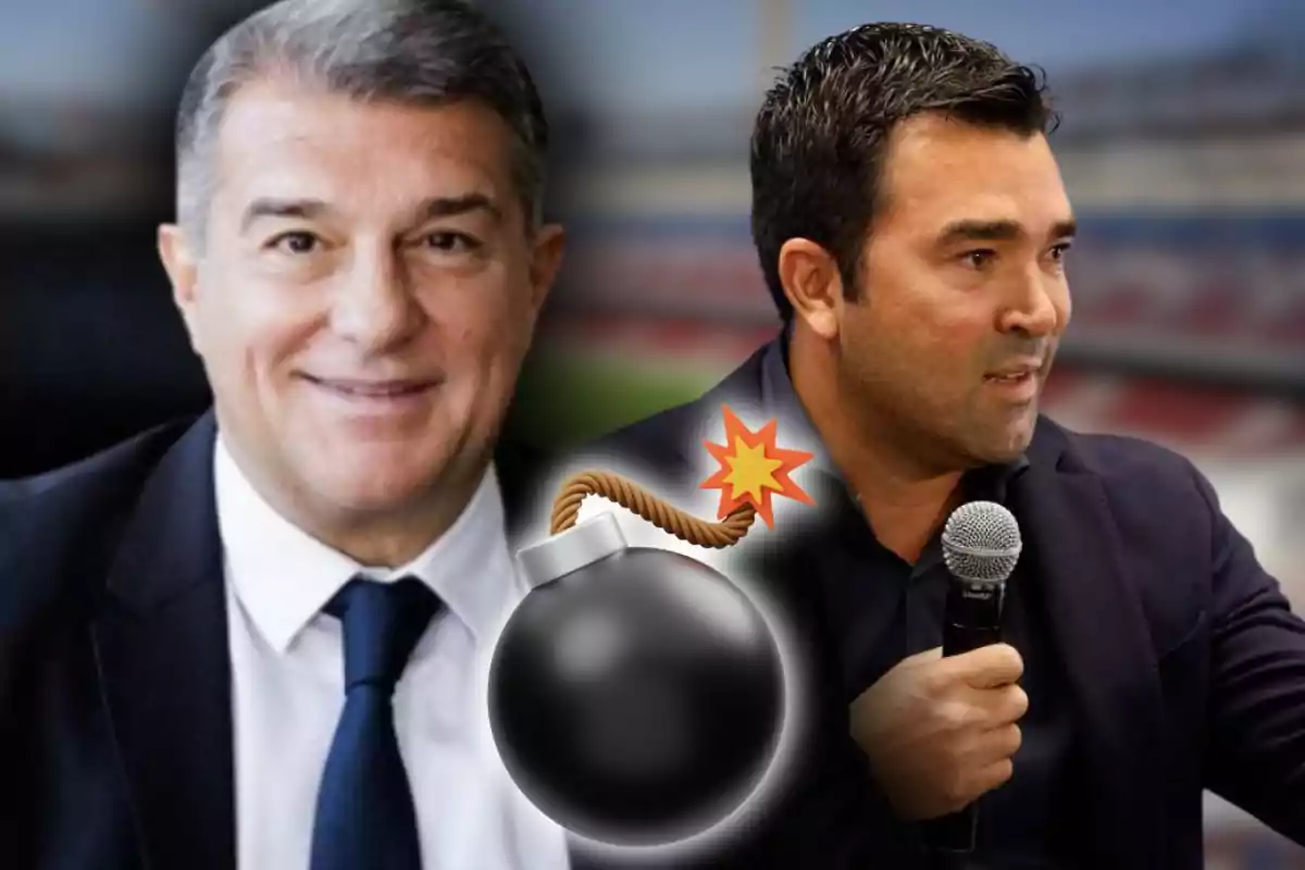 Dos hombres de traje aparecen en la imagen con una ilustración de bomba encendida entre ellos